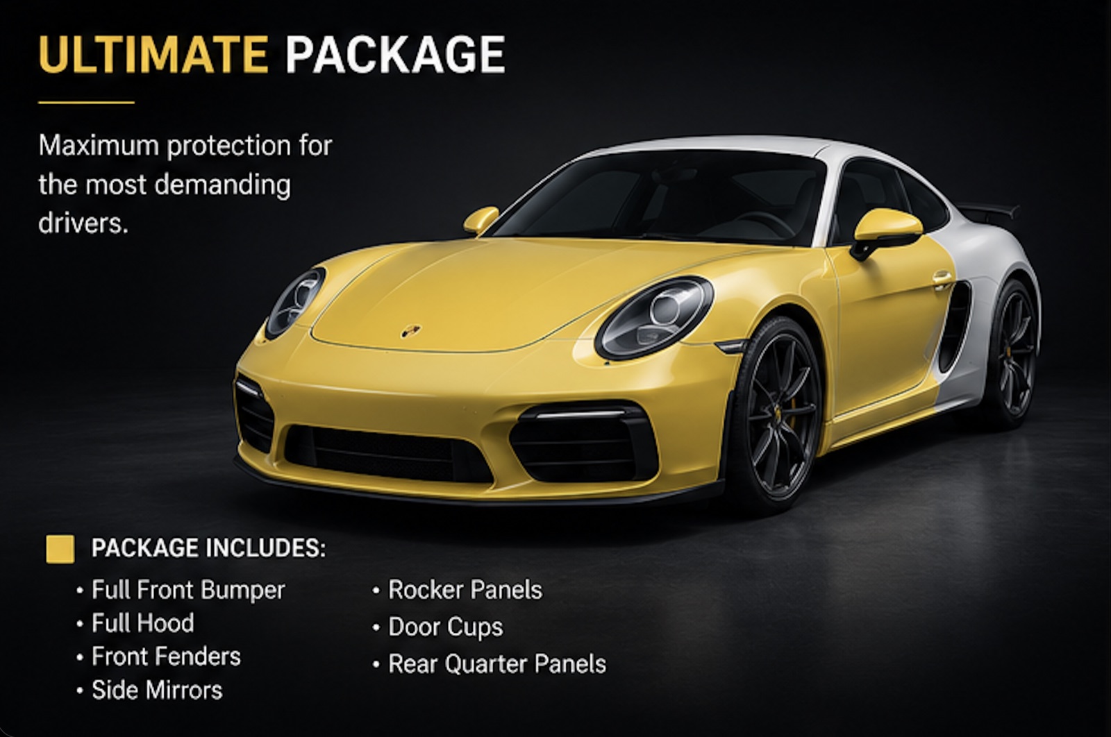 Ultimate package — Maximum protection for the most demanding drivers. Coverage: Full Front Bumper, Full Hood, Front Fenders, Side Mirrors, Rocker Panels, Door Cups, Rear Quarter Panels